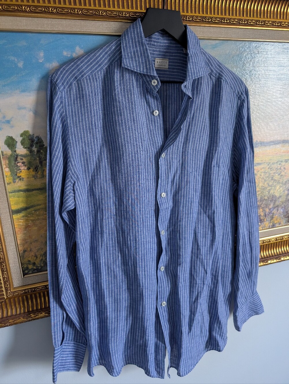 Xacus Linen Blue Vertical-Stripe Cotton Shirt